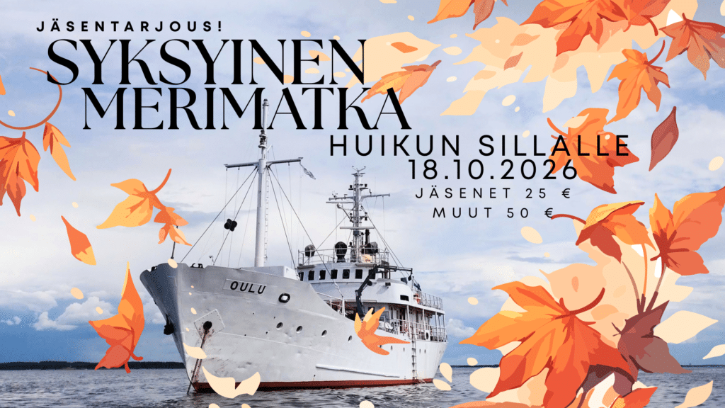Mainoskuva: syksyinen merimatka, kuvassa Oulu-laiva merellä syys lehtien ympäröimänä.